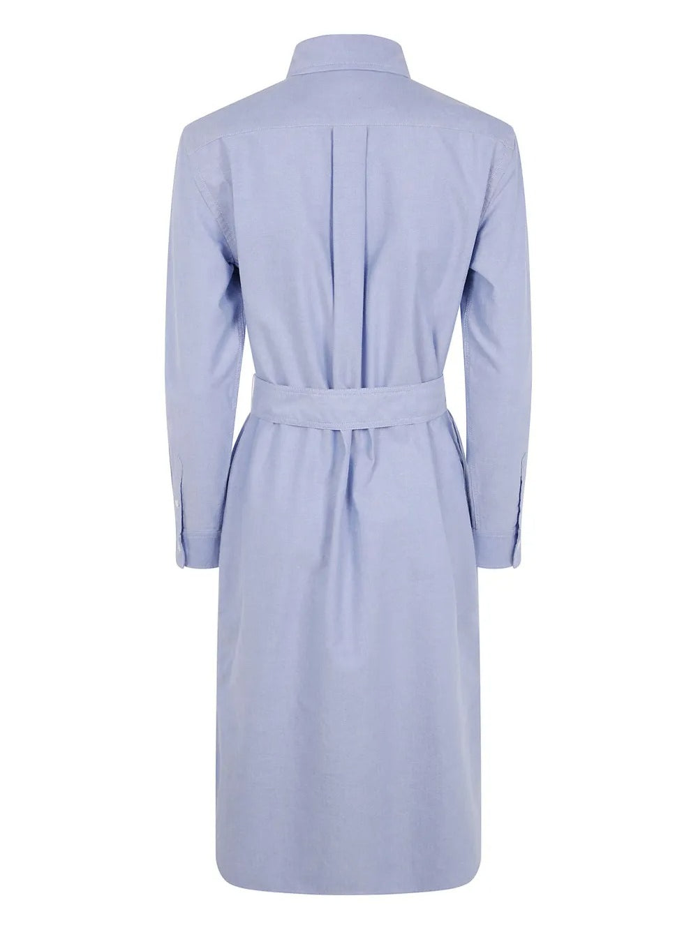 Blue shirtdress, back view showing belted waist