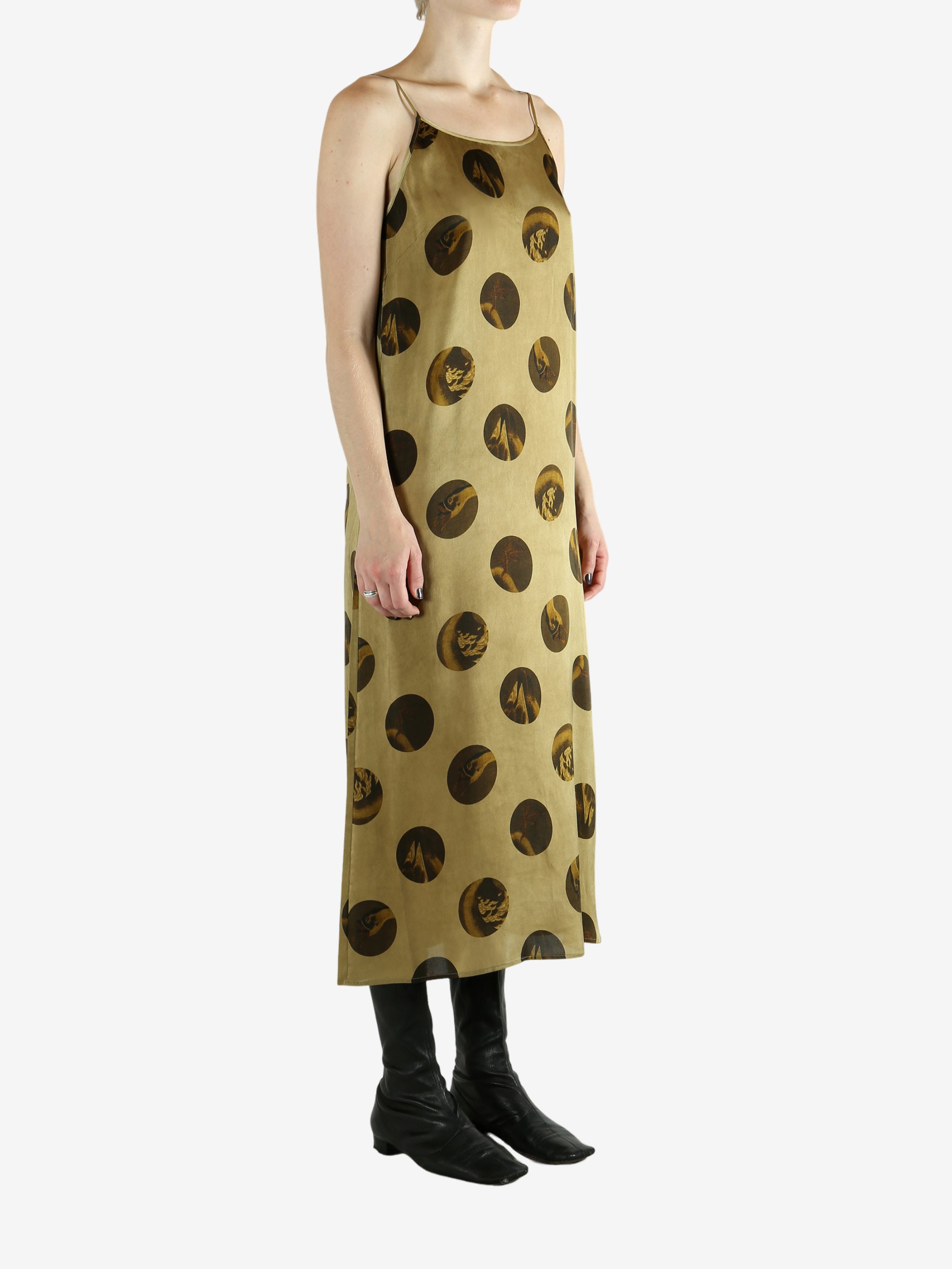 Tan dress, full body view