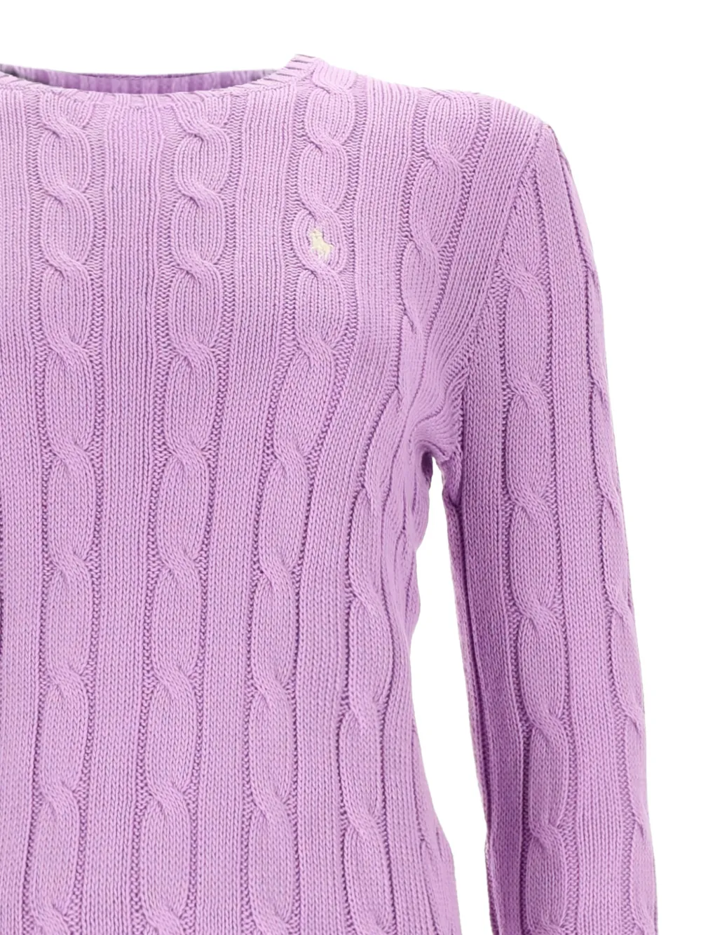 Close up of purple knitwear, showing texture of the cotton fabric